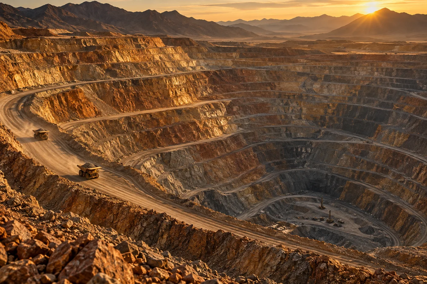 Illustrated open-pit mine with terraced benches and haul trucks